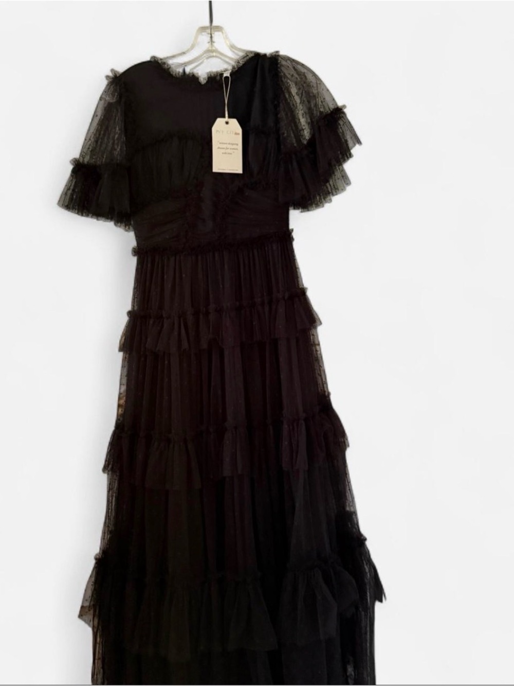 Ivy City Black Ruffled Lace Maxi Dress with Sheer Sleeves